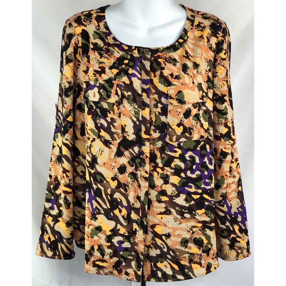 Anne Klein Top blouse M Multi Color Button Front Round Neck Roll Tab LongSleeve